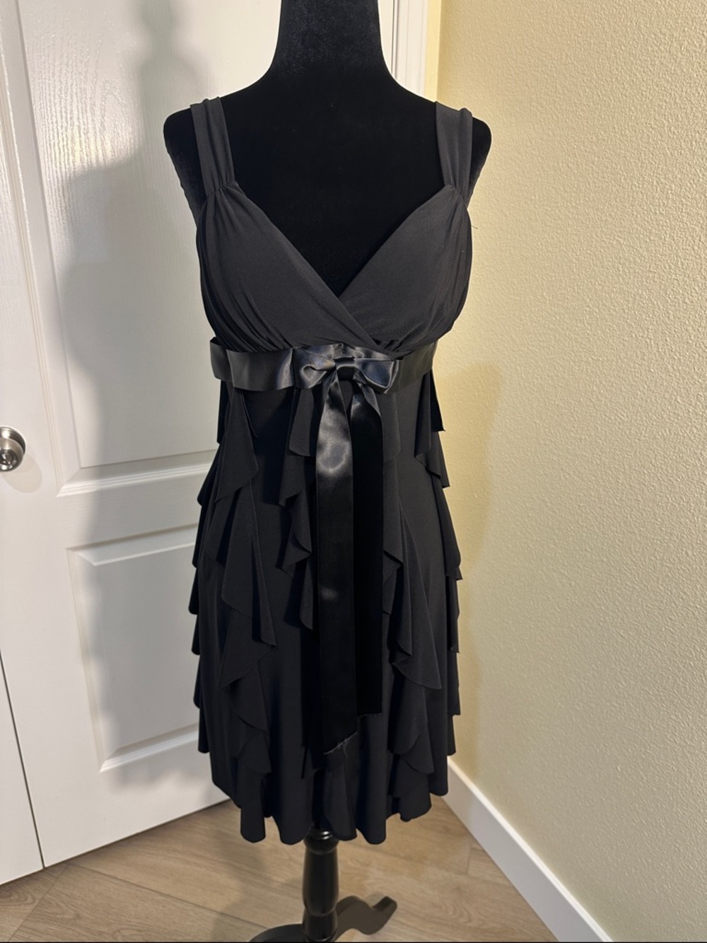 Sexy FeminineLittle Black Ruffled Dress with Satin Waist Tie. Small. By Ynes